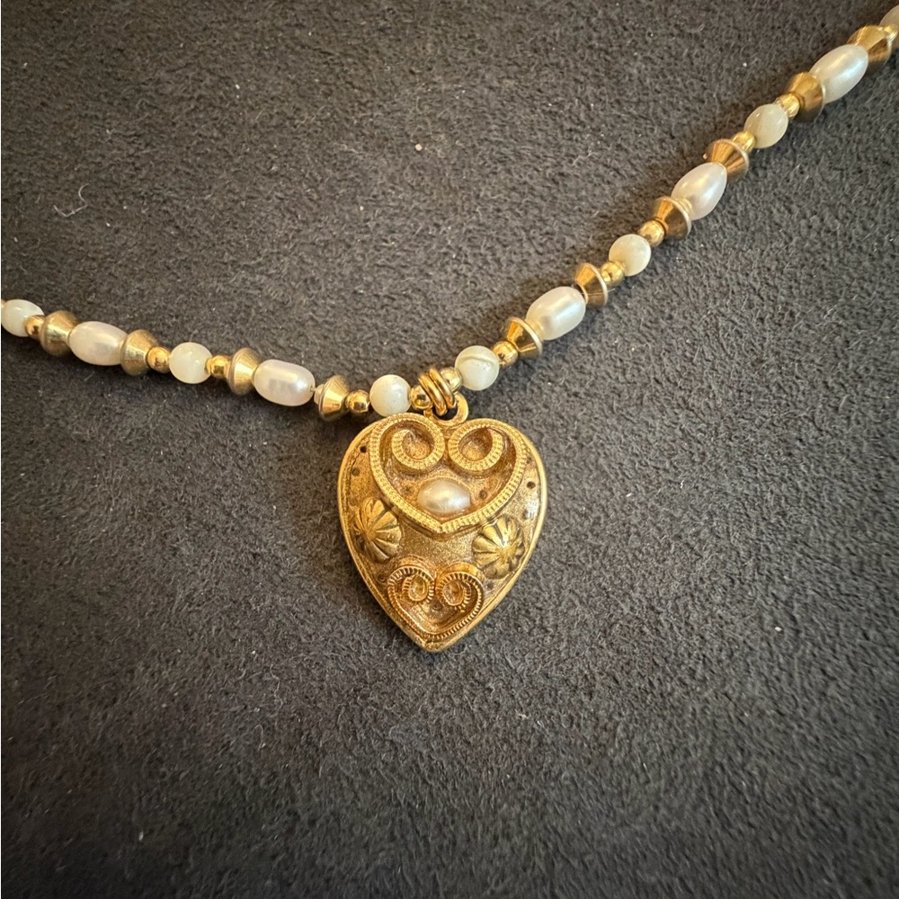 Ornate Gold Heart Necklace with Pearls.